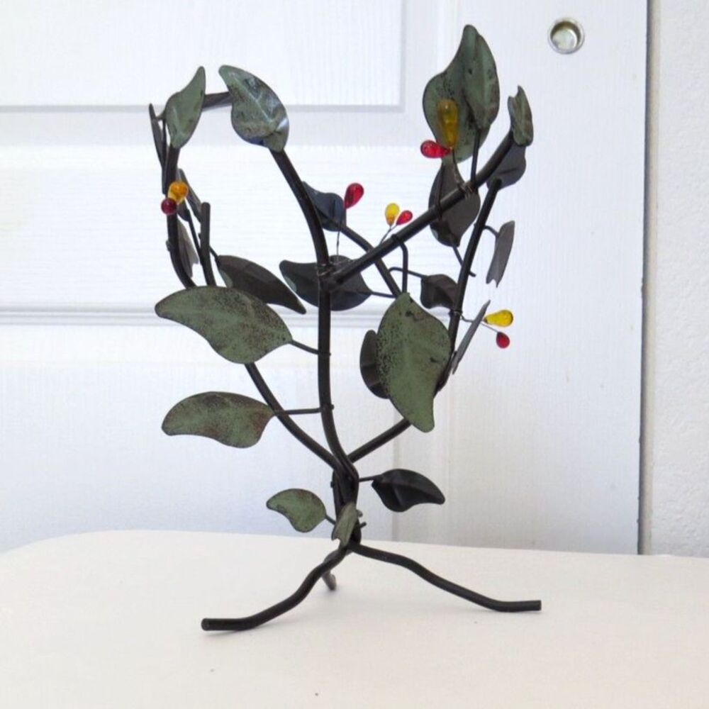 Vintage 1990's Wrought Iron Tree Branch Pillar Candle Holder Glass Berries - EUC - Picture 2 of 6